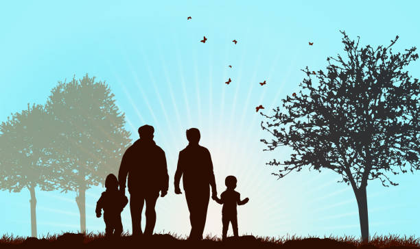 ilustrações, clipart, desenhos animados e ícones de avós com crianças, caminhando - grandparent grandfather granddaughter silhouette