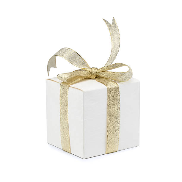 istock Gift box with golden ribbon bow on white background 530642195