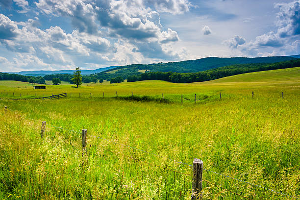 Farm fields in the rural Potomac Highlands of West Virginia. stock photo
