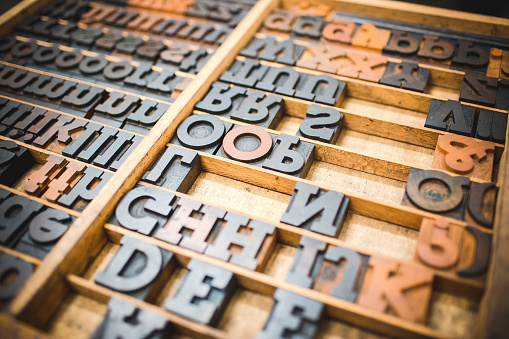 Old wooden printing type.  font characters for craftman typography