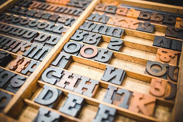 Stare drewniane drukowania znaków czcionki typu, – zdjęcie