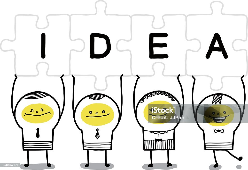 Team work Four business people lift up the puzzle of IDEA. Balance stock vector