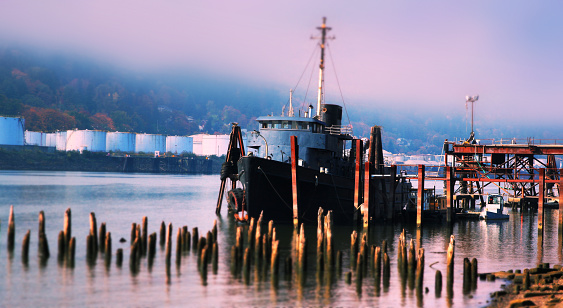 This is a photo of an old boat out on the Columbia river in Portland Oregon.