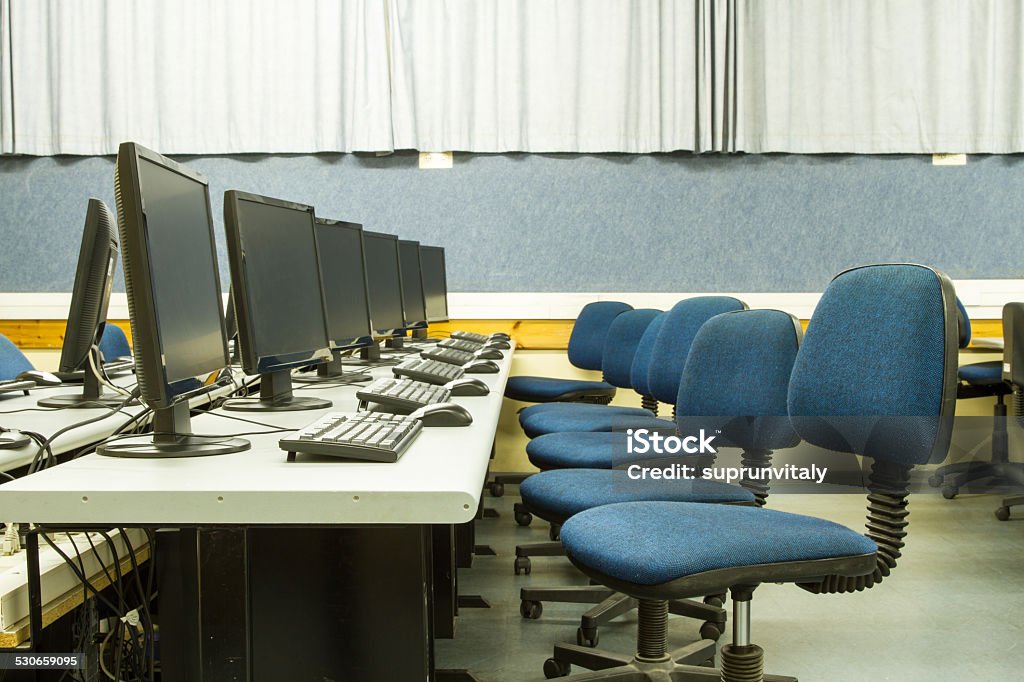 Classroom computers Picture a classroom equipped with personal computers with LCD monitors Advice Stock Photo