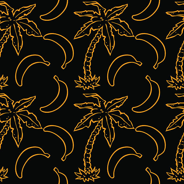 ilustrações de stock, clip art, desenhos animados e ícones de sem costura padrão com coco palm árvores, bananas - leaf black background line art nature