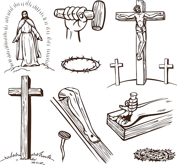 crucifixion Paintings of the Crucifixion of Jesus Christ on a white background heaven and jesus drawing stock illustrations