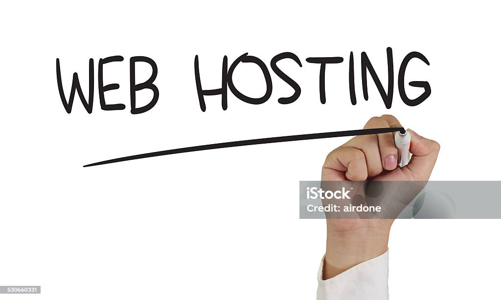 Web Hosting Internet concept image of a hand holding marker and write Web Hosting isolated on white Accessibility Stock Photo