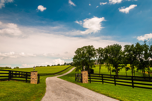 Driveway and fences in rural York County, Pennsylvania.