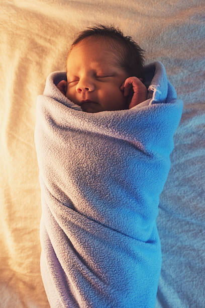 Newborn Baby Sleeping in Blue Blanked, New Born Kid Portrait, One Week Old