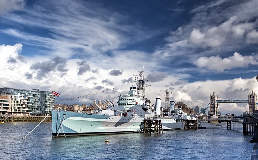 The HMS Belfast (1930s) is the Royal Navyâs last surviving cruiser and the largest preserved in Europe.