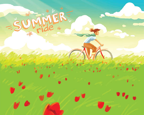 ilustrações de stock, clip art, desenhos animados e ícones de diversão de verão. menina de andar de bicicleta - tulip field flower cloud