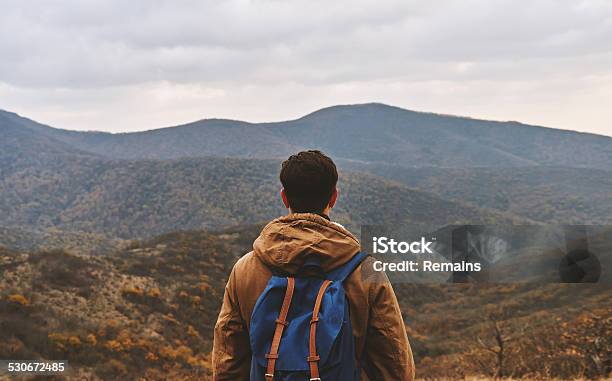 Man Looking On Mountains Rear View Stock Photo - Download Image Now - Rear View, Backpack, Men