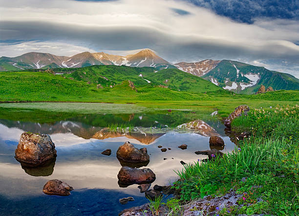 Mountain landscape at Paramushir Island, Russia stock photo
