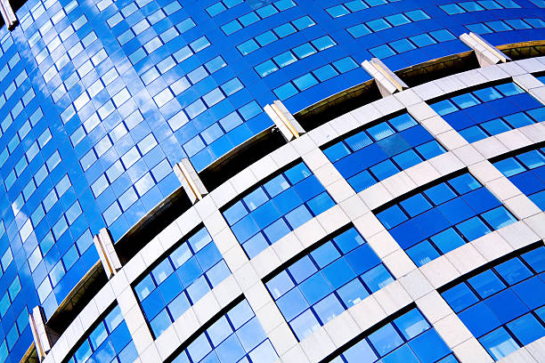 istock Blue abstract diagonal crop of modern office 530673973