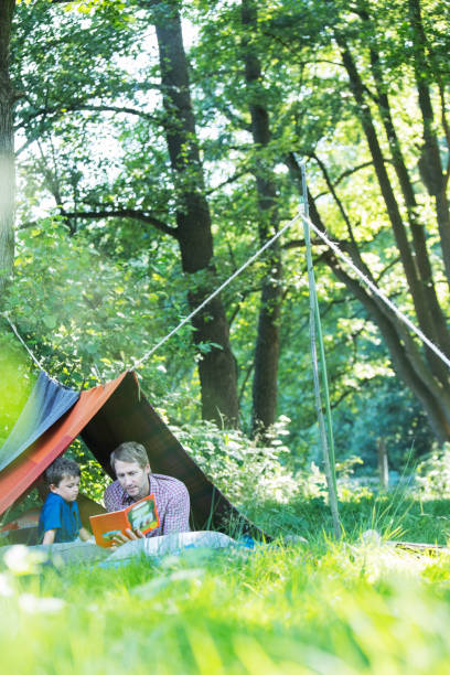 istock Father and son reading in camping tent 530682249