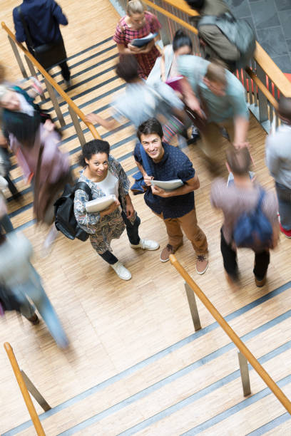istock Elevated view of two smiling students standing on stairs with other students going up and down 530683277
