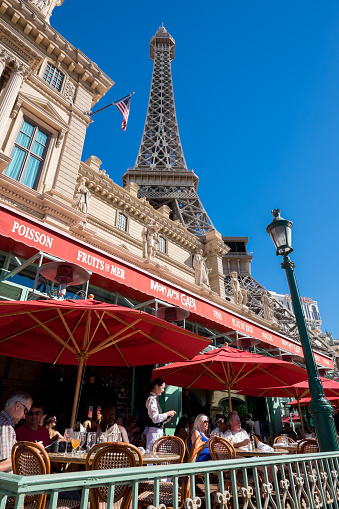 Las Vegas, USA - October 6, 2014: Exterior of Paris Las Vegas at Las Vegas Boulevard. It is one of the largest hotels in Las Vegas with almost 3000 rooms.