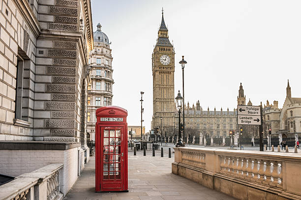 London - Big Ben tower and a red telephone booth stock photo