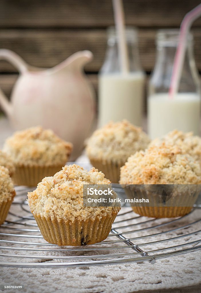 Chocolate chip muffins with coconut streusel Chocolate chip muffins with coconut streusel on top Baked Stock Photo