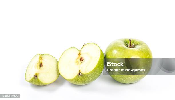 Line Of The Whole Apple Half And Quarter Stock Photo - Download Image Now - Apple - Fruit, Close-up, Cut Out