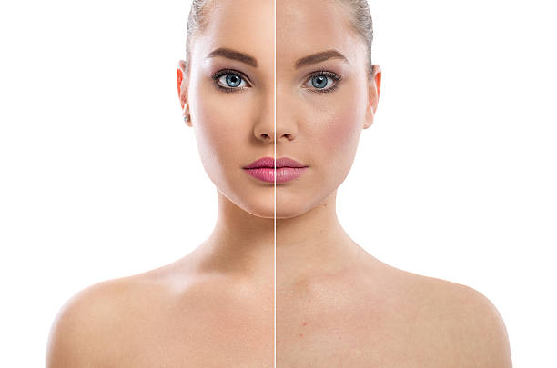 istock woman's portrait isolated on white, before and after retouch 530704495