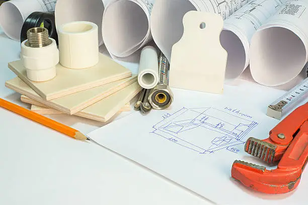 Drawing rolls, builder's level, tceramic tiles, tile drill bits, filling knife, pencil, tape measure, gas trench, pipi joints, flexible tap hose, bathroom sketch