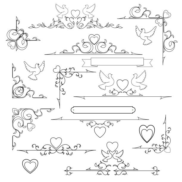 ilustraciones, imágenes clip art, dibujos animados e iconos de stock de bastidor de bodas - scroll shape corner victorian style silhouette