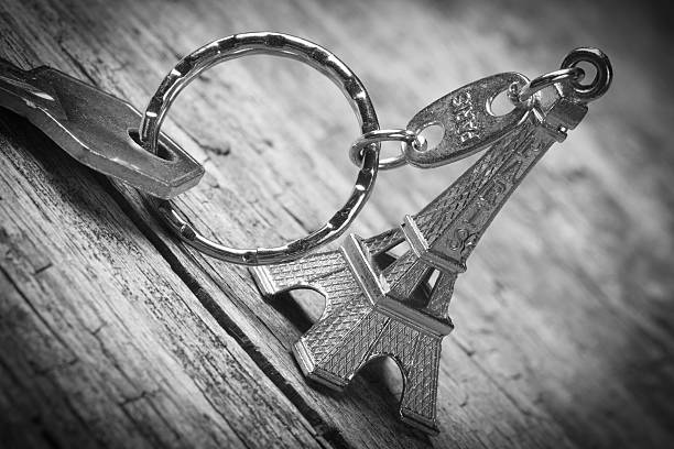 Keys of Paris. Keychain in the shape of the Eiffel Tower with key closeup.