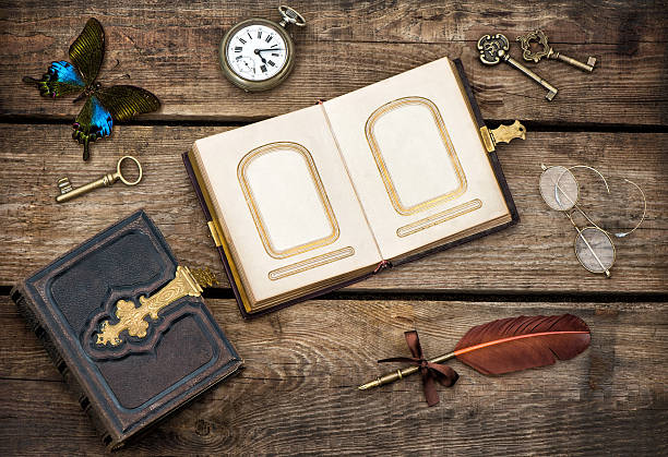 istock antique books, writing accessories and butterfly 530730921