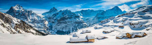 blanc impeccable paysage d'hiver neigeux chalets des sommets alpins panorama de la suisse - snow european alps house grindelwald photos et images de collection