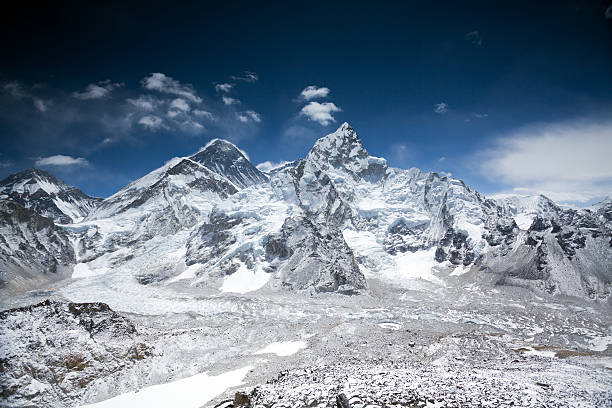 Himalayas mountain range with Mt Everest Skyline over Himalayas mountain range on beautiful sunny day. On the left part of the photo is Mount Everest with 8,848 m (29,029 ft). On the right side is Nuptse 7,861 m (25,791 ft). These mountains are located in Solo Khumbu region, Sagarmatha (Everest) National Park. Himalayas are the highest mountains on the world with 14 summits over 8000m.  Photo taken from the mountain Kala Pattar mount everest stock pictures, royalty-free photos & images