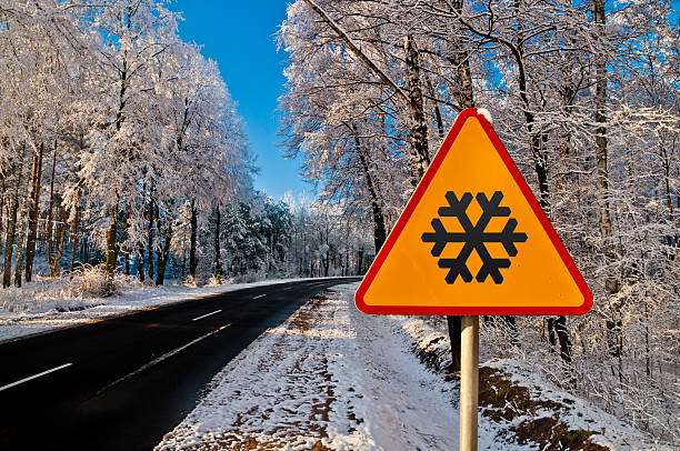 istock Winter road, driving through snowy forest, warning sign 530739705