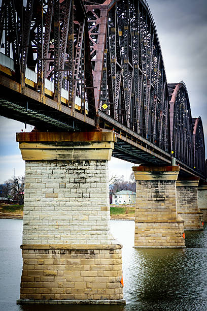 Big Four Bridge Rusting classic tresle railroad bridge with stone supports. tressle stock pictures, royalty-free photos & images