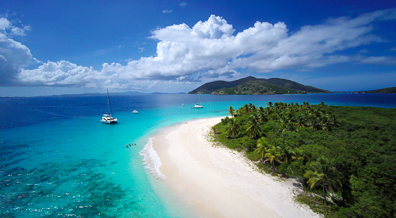aerial view of Sandy Cay in the foreground and Jost Van Dyke in the background, British Virgin Islands