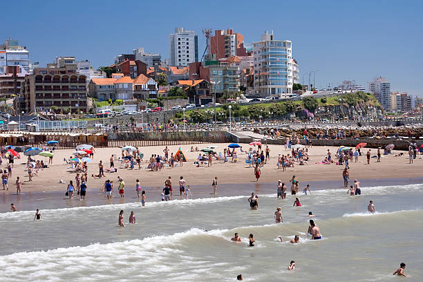 Mar del Plata City, Buenos Aires Province, Argentina - November 23, 2014: People vacation on the beaches of Mar de Plata. Summer in Atlantic Ocean. 