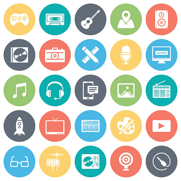 Multimedia Icons Game play, music, television, radio round vector icons collection in pastel colors. Isolated on white background. divergent movie review stock illustrations