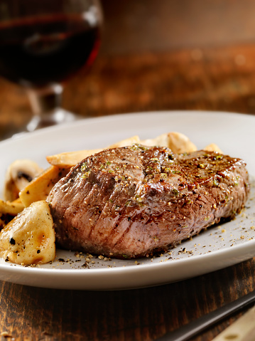 Steak and mushrooms with a Glass of Red Wine-Photographed on Hasselblad H3D2-39mb Camera