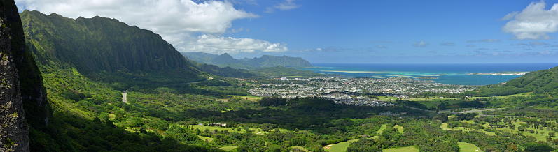 XXXLarge, panoramic view of the Pacific coastline on the Oahu Island of Hawaii. Koolau Mountains and city of Kailua and Kaneohe in the background. 