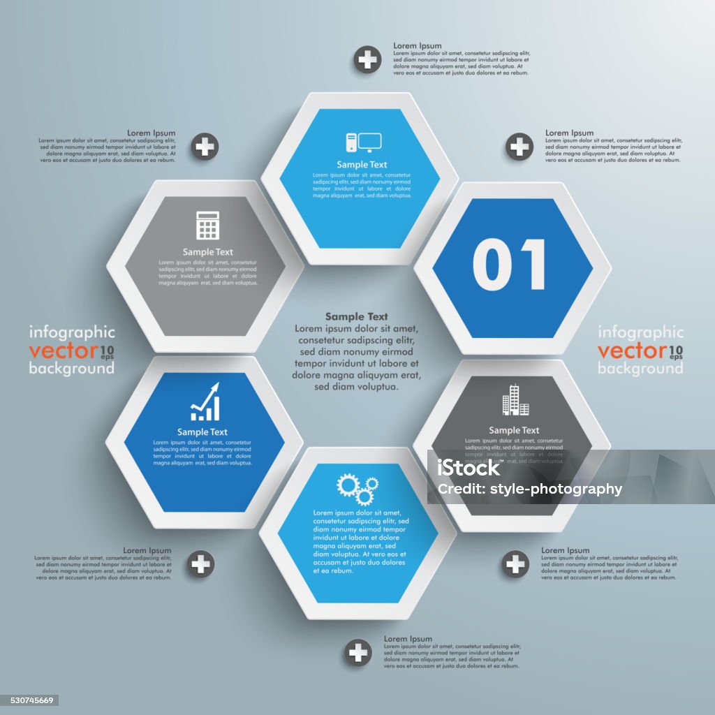 Hexagon Business Infographic Infographic with honeycomb structure on the grey background. Eps 10 vector file. Honeycomb Pattern stock vector