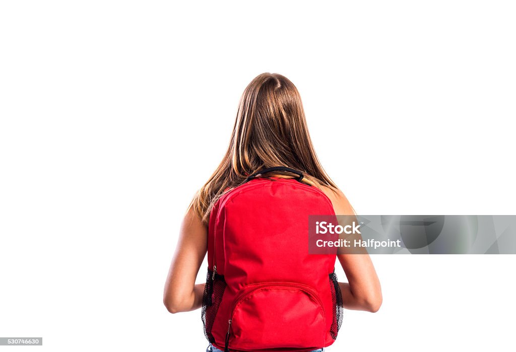 Schöne student mit Print mit Schultasche. Studioaufnahme auf weißem zeitmessung - Lizenzfrei Rückansicht Stock-Foto