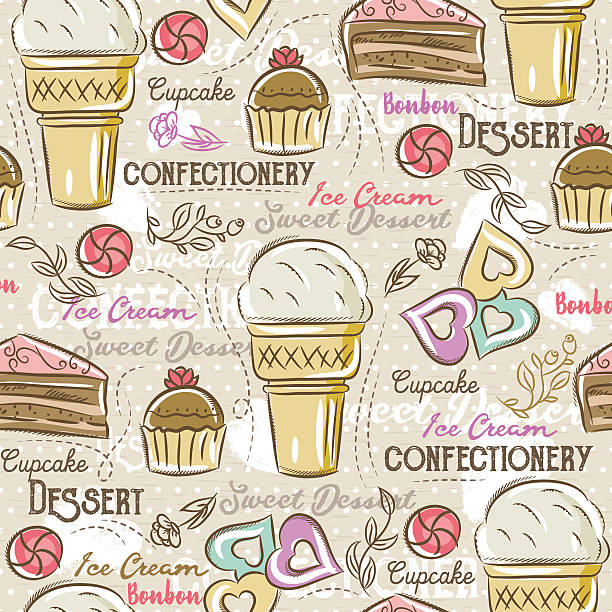 tło z ciastko, lody, ciasta i ciastka, wektor - seamless croissant pattern ice stock illustrations