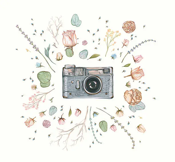 Vector illustration of Vintage retro photo camera in flowers.