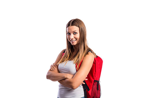 istock Beautiful student with schoolbag. Studio shot on white backgroun 530746826
