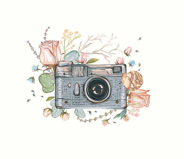 Vintage retro photo camera in flowers. Vintage retro photo camera in flowers, leaves, branches on white background. Watercolor design, Flat style. Hand drawn Vector illustration, separated elements in collage. sketch photos stock illustrations