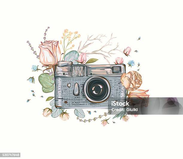 Vintage Retro Photo Camera In Flowers Stock Illustration - Download Image Now - Old-fashioned, Retro Style, Camera - Photographic Equipment