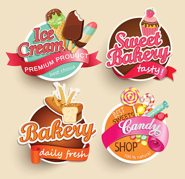 식품 및 라벨 스티커. - backgrounds candy ice cream dessert stock illustrations