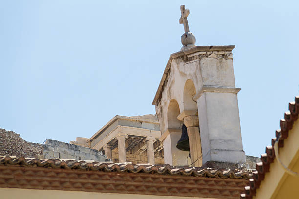 istock Church bell tower and Acropolis view from Plaka, Athens 530751784