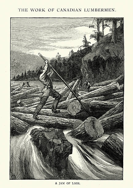 lumberjacks 통관 로그 걸림 강, 1892 - canadian culture illustrations stock illustrations