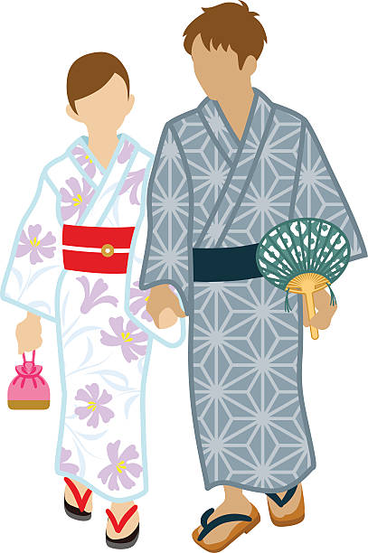 ilustrações, clipart, desenhos animados e ícones de japoneses yukata casal, isolada - couple full length embracing white background