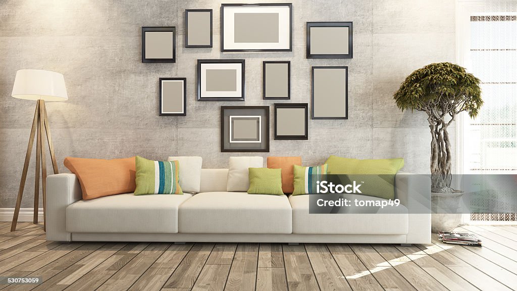 Soggiorno o di una berlina di interior design di rendering 3d - Foto stock royalty-free di Divano